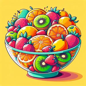 Colorful and vibrant fruit bowl filled with oranges, strawberries, kiwi, and mango, designed to entice children to eat healthy and stay refreshed.