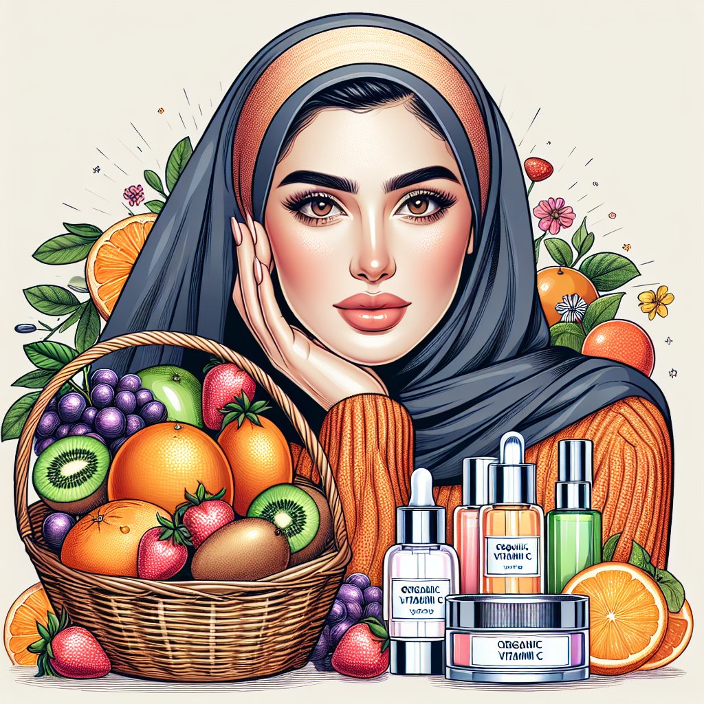 Woman with organic vitamin C fruits and skincare products showcasing the rejuvenating effects of organic vitamin C for skin health.