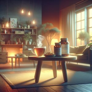 Serene living room with herbal tea on side table