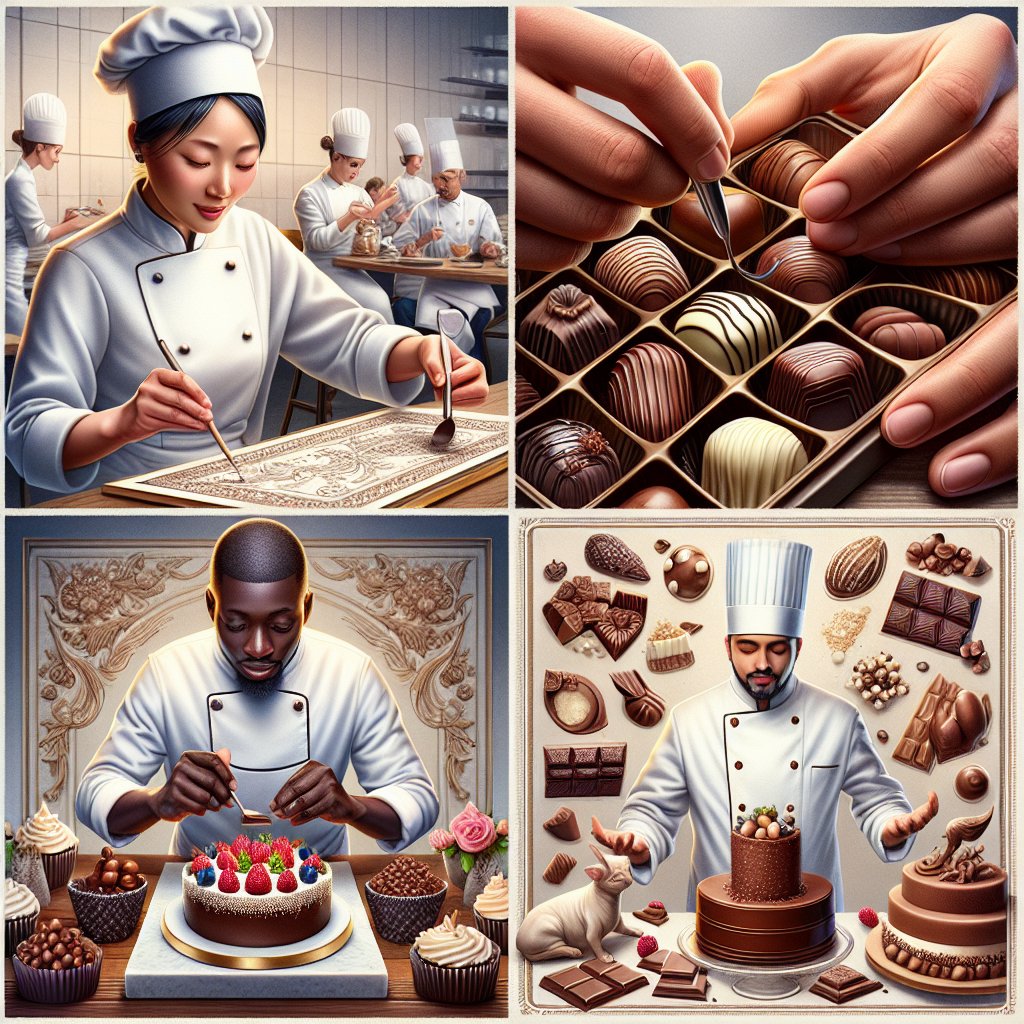 Sweet chefs delicately crafting intricate designs on a variety of sweet treats.