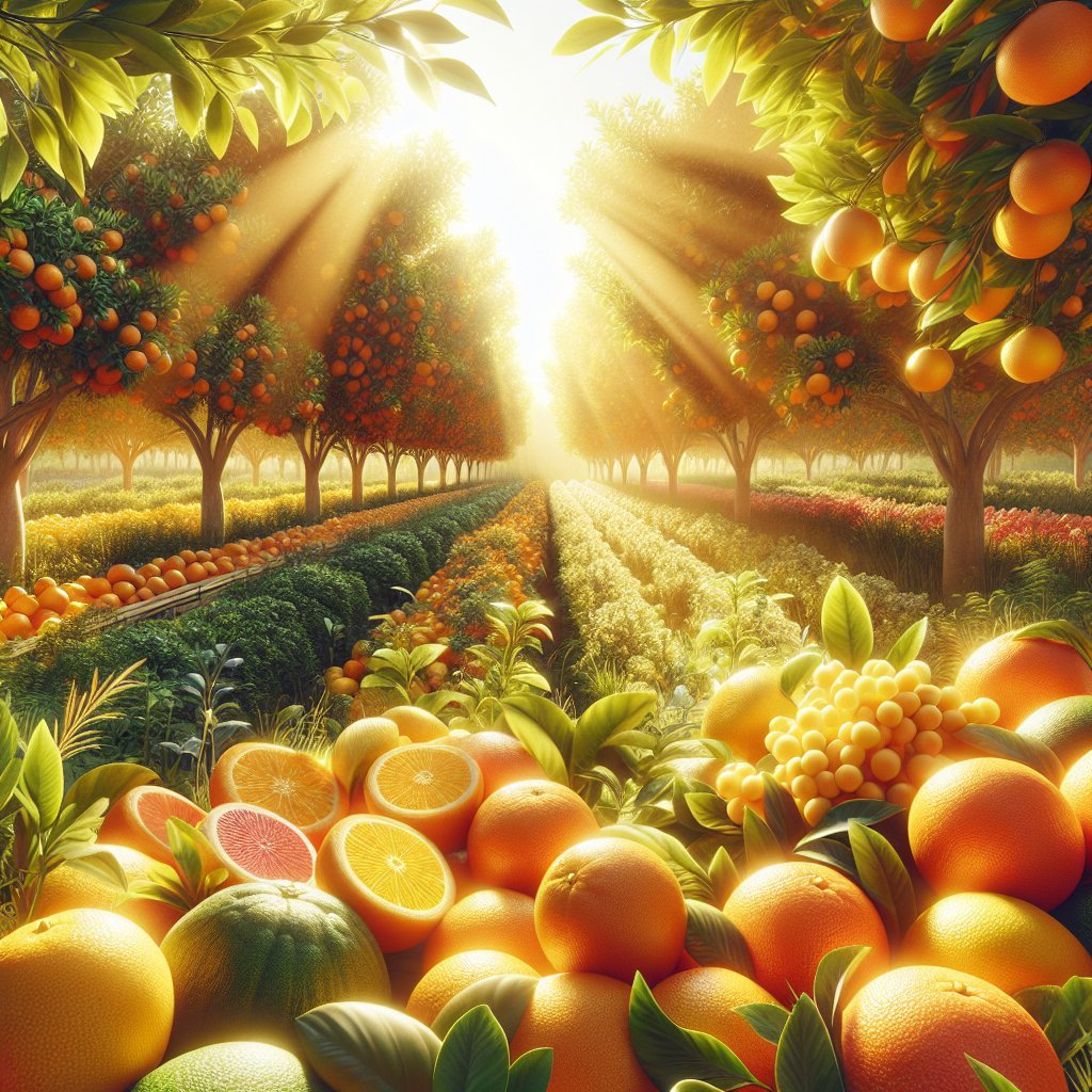 An abundant display of oranges and other citrus fruits in a radiant and vibrant citrus orchard under golden sunlight.