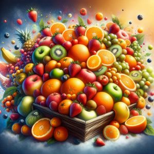 Colorful fruit basket overflowing with oranges, strawberries, kiwi, and bell peppers showcasing the importance of Vitamin C in a healthy diet.