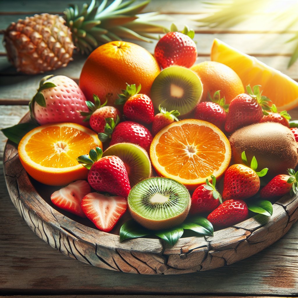 Assorted Vitamin C-rich fruits arranged artfully on a rustic wooden platter under natural sunlight