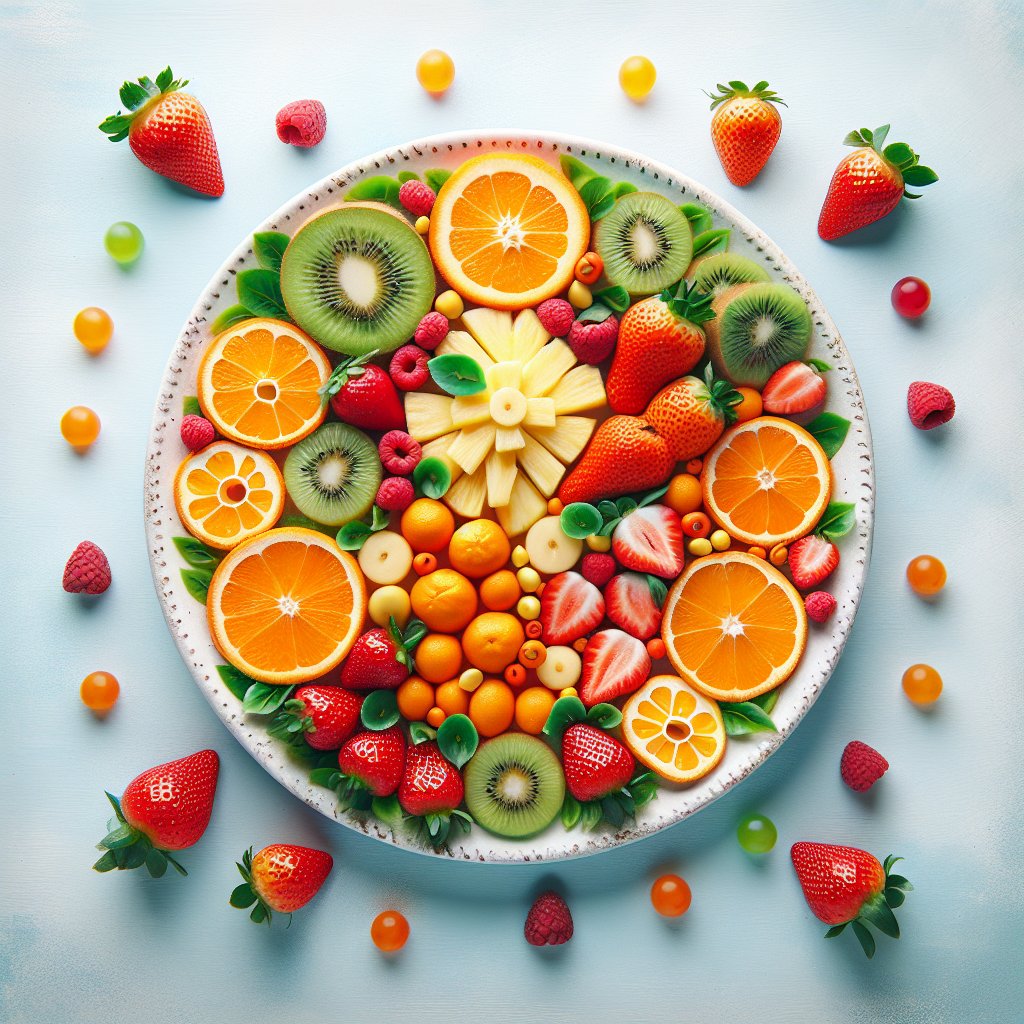 Assortment of Vitamin C-rich fruits arranged in a playful manner to attract children, showcasing strawberries, oranges, kiwi, and pineapple. Emphasizing the importance of Vitamin C in a child's diet.