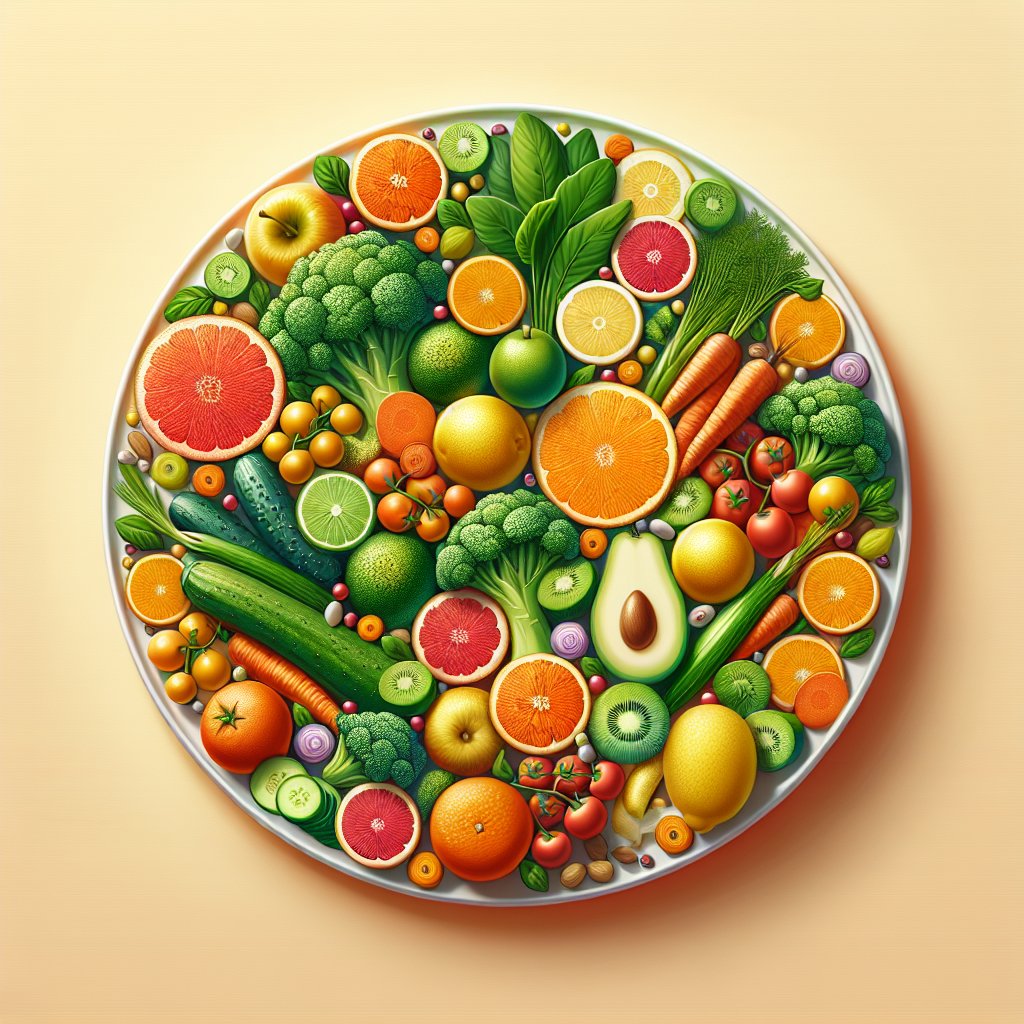 Assortment of fresh fruits and vegetables on a colorful plate, symbolizing the natural sources of essential vitamins for wound healing