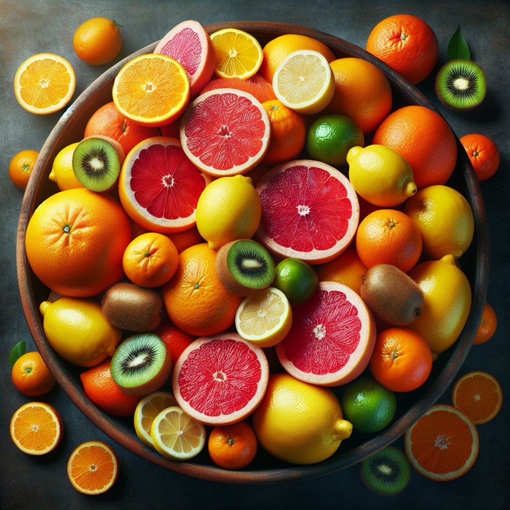 Assortment of vibrant and refreshing citrus fruits overflowing in a bowl, showcasing the natural abundance of vitamin C for radiant skin