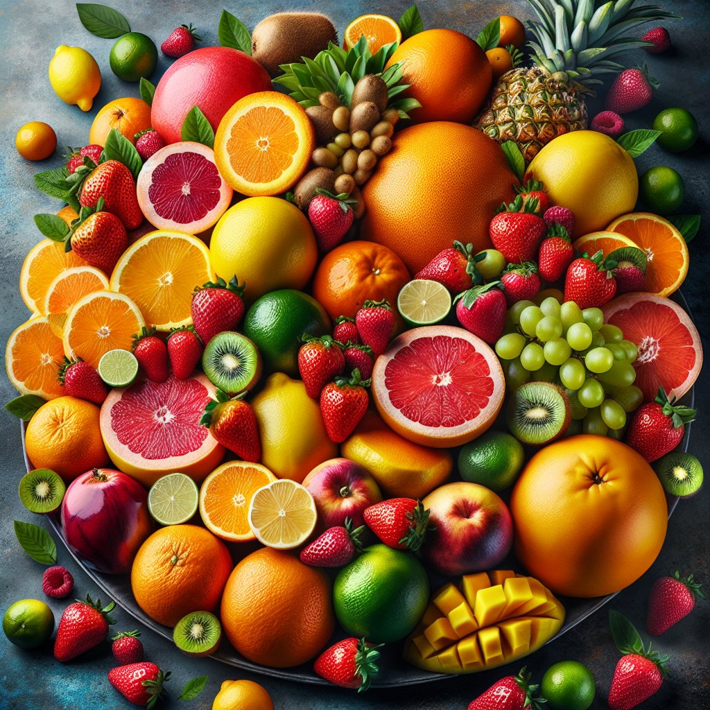 Assorted citrus fruits like oranges, lemons, limes, and grapefruits arranged artfully with strawberries, kiwi, and mango on a stylish platter