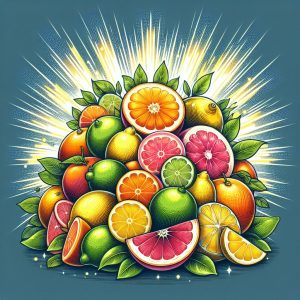 Assorted citrus fruits arranged in a glowing display, symbolizing the power of Vitamin C
