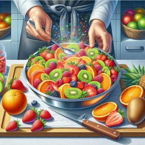 Assorted fresh fruits including oranges, strawberries, and kiwi being prepared in a clean and organized kitchen, emphasizing wholesome nutrition and natural sources of vitamin C.