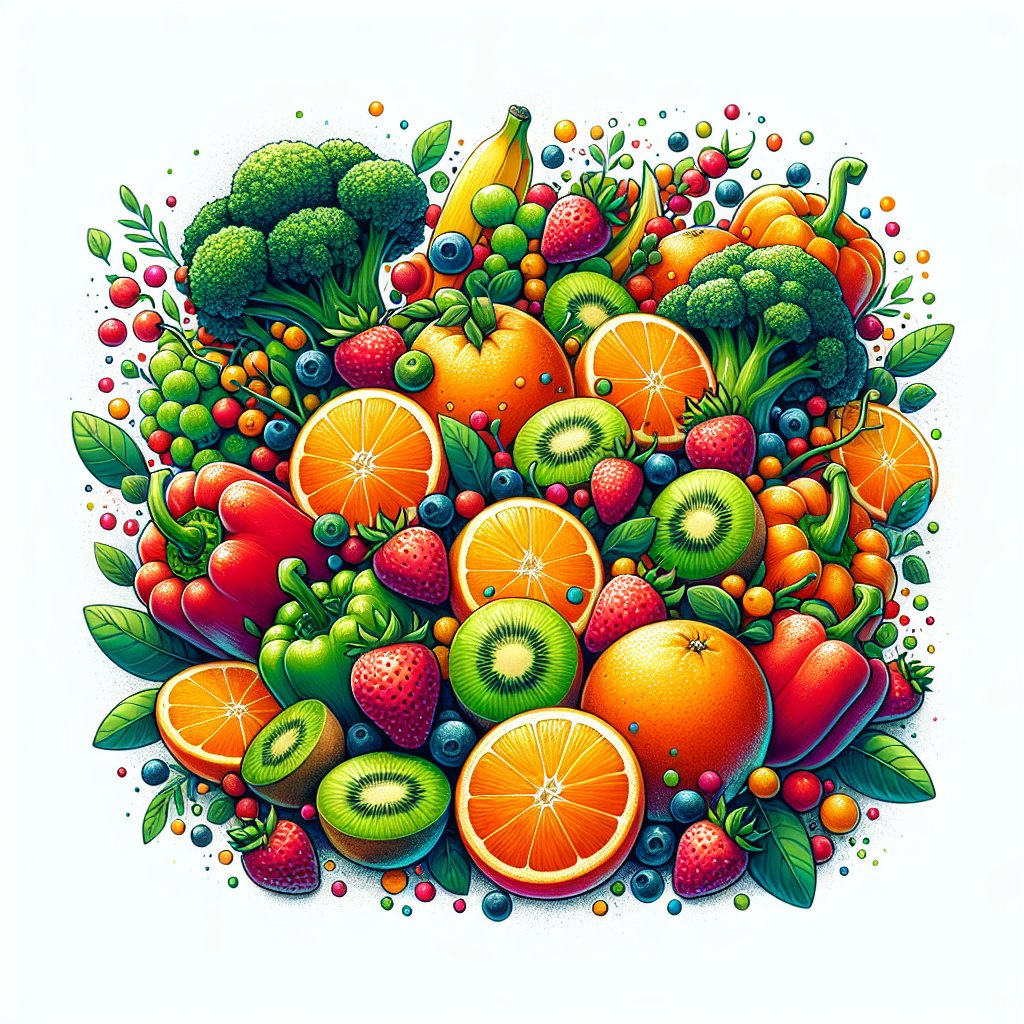 Assortment of colorful fruits and vegetables rich in vitamin C
