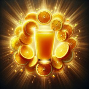 Freshly squeezed orange juice glass surrounded by oranges and lemons in sunlight