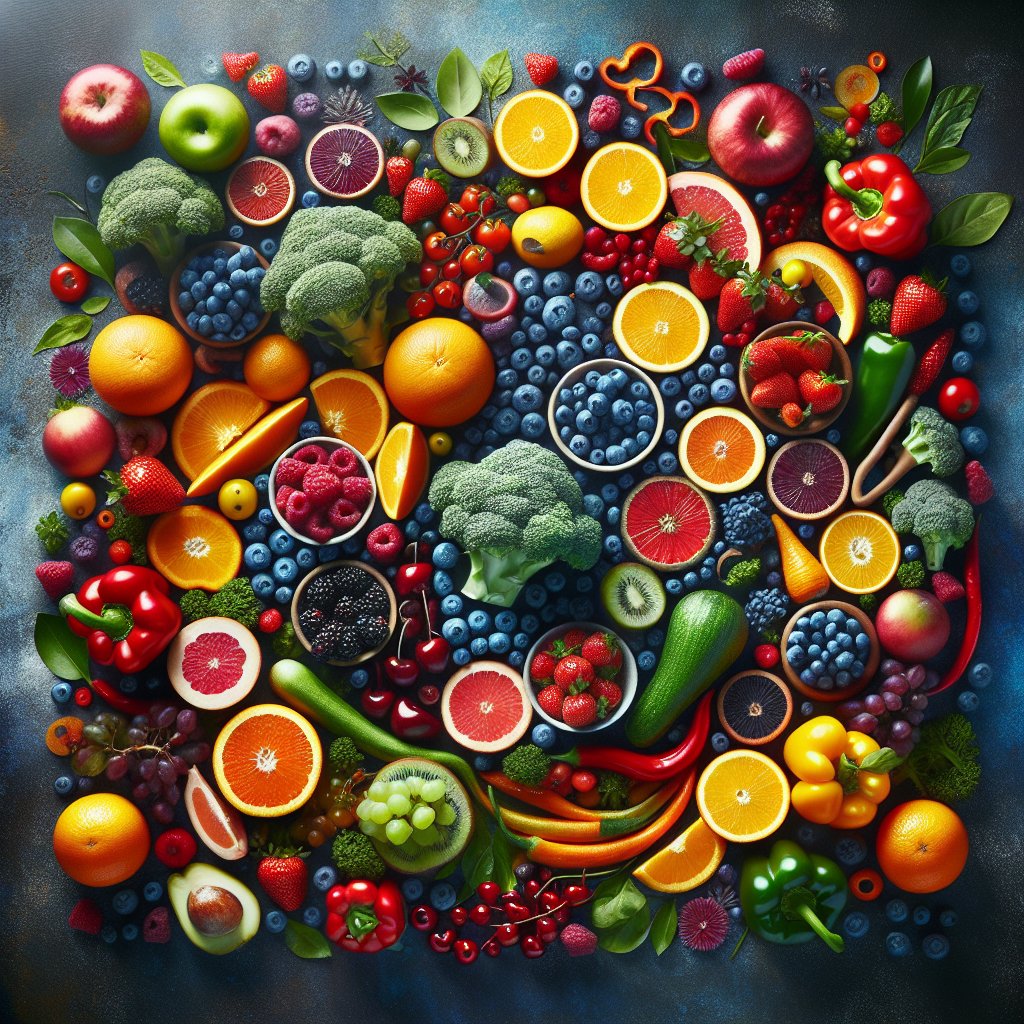 Assortment of vibrant fruits and vegetables rich in Vitamin C, including oranges, strawberries, bell peppers, broccoli, blueberries, cherries, and citrus fruits