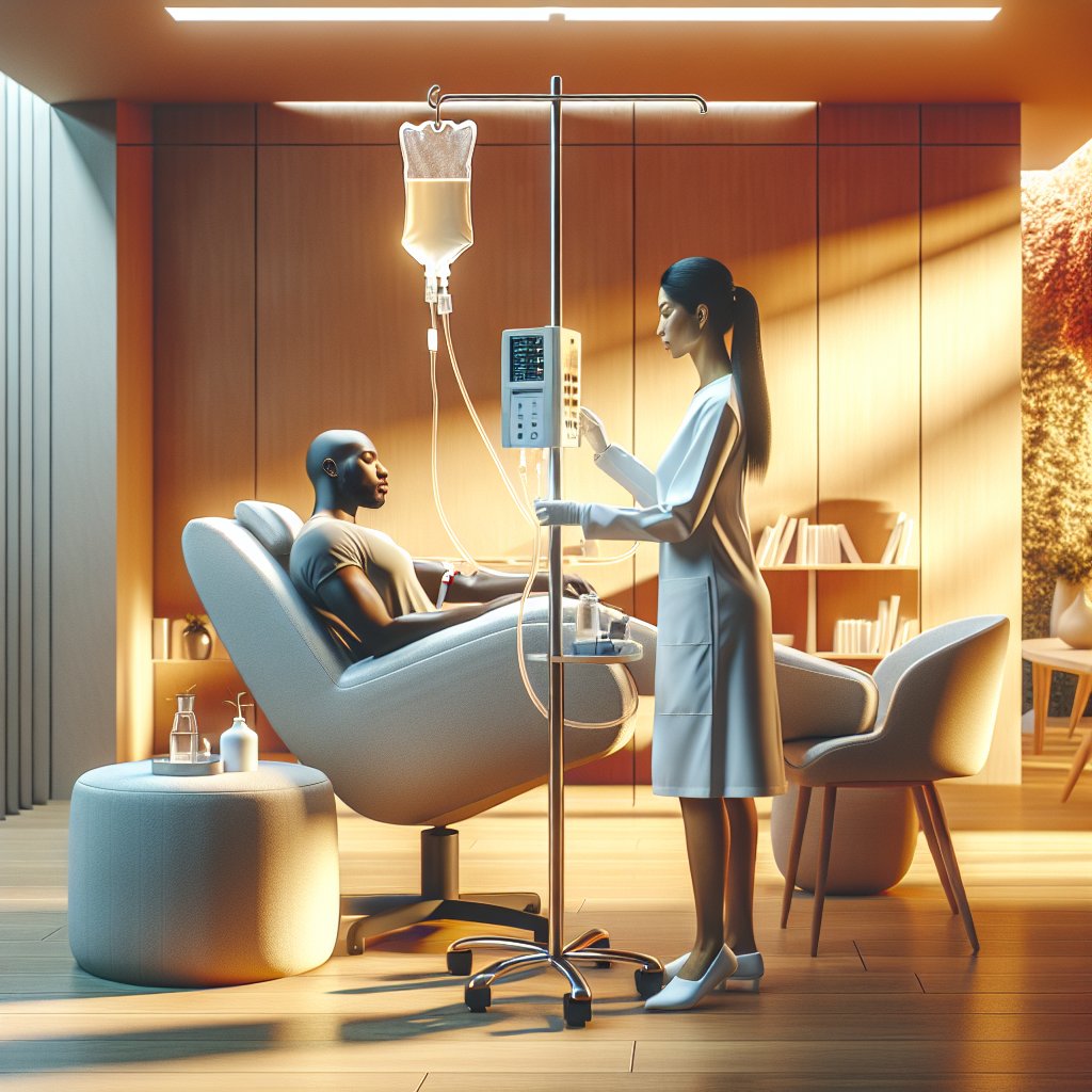 Professional administering Vitamin C IV drip to relaxed client in modern wellness clinic