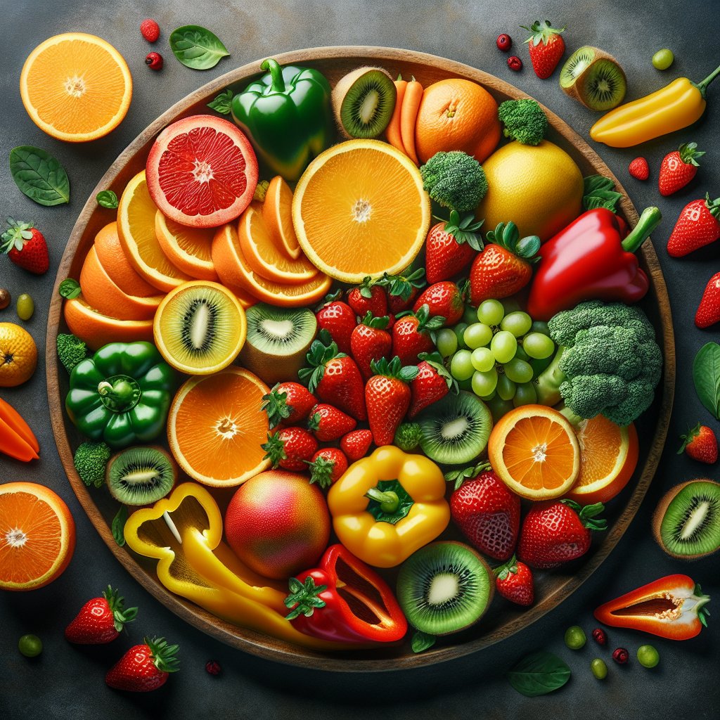 A plate filled with colorful fruits and vegetables rich in Vitamin C, such as oranges, strawberries, bell peppers, and kiwi, exuding freshness and health.