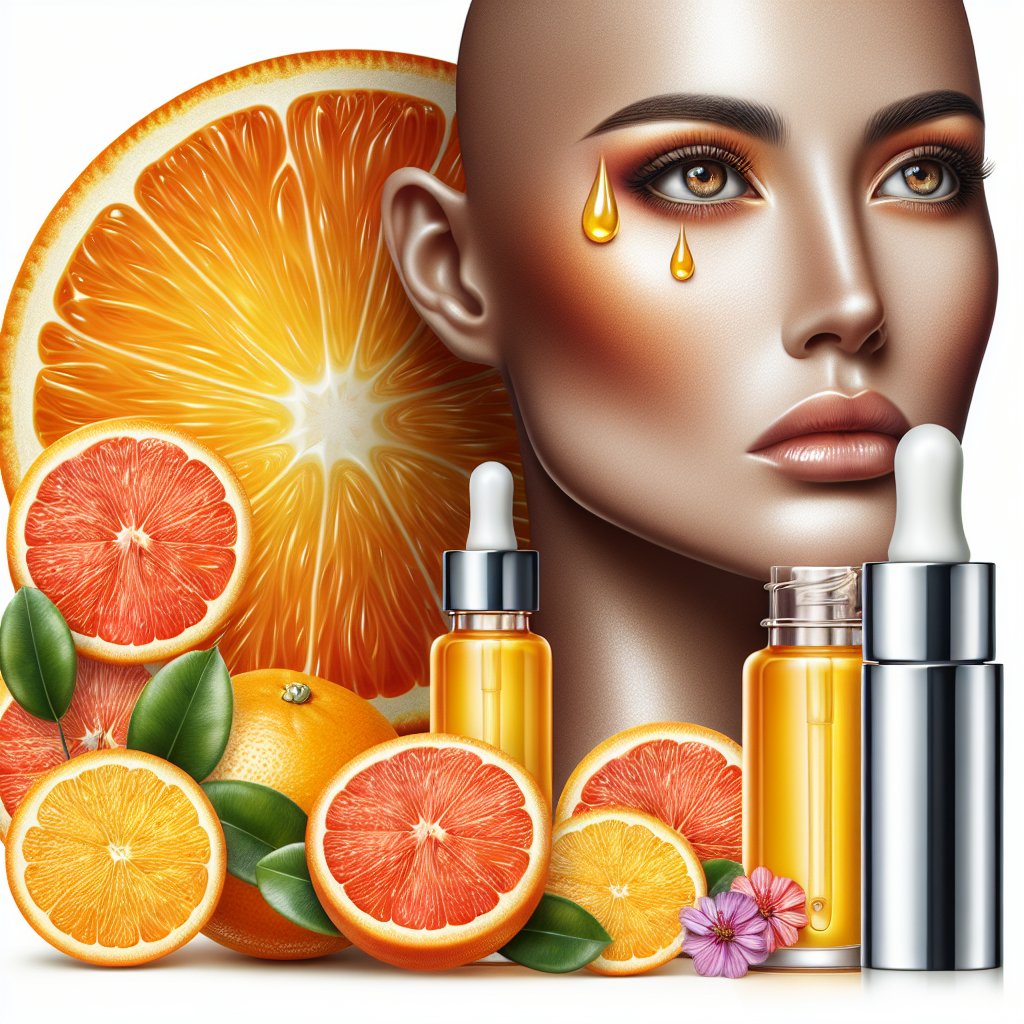 Vibrant face with citrus fruits and serum bottle promoting vitamin C serum benefits