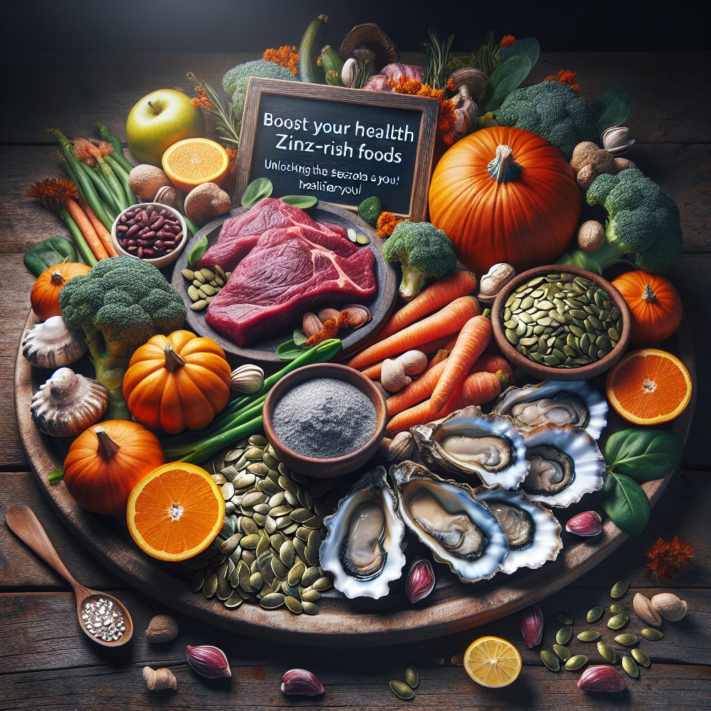 Assortment of zinc-rich foods including oysters, beef, and pumpkin seeds arranged on a rustic wooden platter