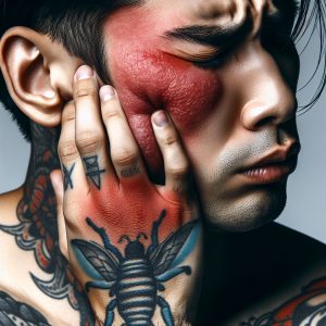 Person with a tattoo experiencing redness, swelling, and irritation due to allergic reaction from Vitamin E, highlighting risks in tattoo aftercare.