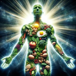 Vibrant human body surrounded by glowing aura of light composed of B vitamin-rich foods like leafy greens, eggs, nuts, and whole grains, symbolizing vitality and energy.