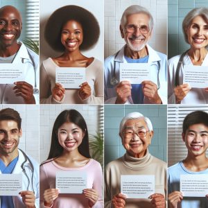 Diverse group of smiling patients holding personalized testimonial cards for IV vitamin C treatments in a relaxed and comfortable setting, conveying gratitude and wellness.