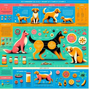 Colorful infographic showing dogs of different sizes engaging in activities with corresponding Vitamin E intake, and icons of Vitamin E-rich foods.