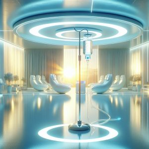 Modern and serene wellness center featuring a glowing IV drip filled with liquid Vitamin C, symbolizing health and vitality, with sunlight streaming in through large windows