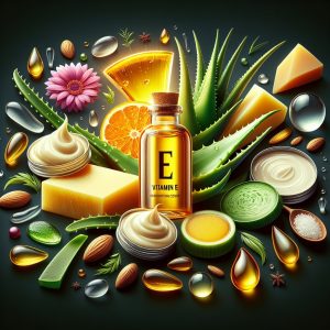 A visually appealing image showcasing key ingredients like vitamin E oil, aloe vera extract, and shea butter, highlighting their nourishing qualities for Genes Vitamin E Cream.