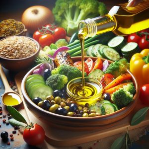 A balanced meal with colorful vegetables, grains, and proteins drizzled with golden olive oil, promoting health and vitality.