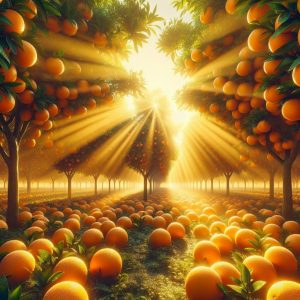 Vibrant orange orchard at sunrise with ripe oranges glistening with dew, symbolizing freshness and vitality