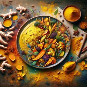An appetizing and vibrant dish showcasing the versatility and anti-inflammatory properties of turmeric, featuring turmeric-spiced rice, roasted vegetables, and a creamy turmeric-infused sauce.