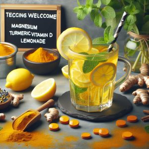 Vibrant glass of Magnesium Turmeric Vitamin D Lemonade garnished with lemon slices and mint, with turmeric powder and fresh lemons in the background.