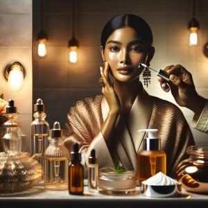 Woman with flawless radiant skin applying Vitamin C serum in an elegant bathroom setting