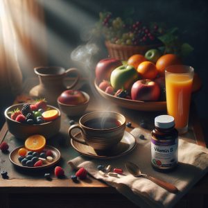 Serene morning scene with coffee, fruits, and Vitamin B supplements, symbolizing a health-conscious start to the day.