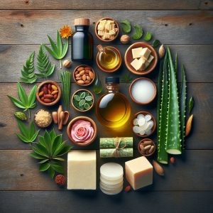 Assortment of natural scar healing ingredients - aloe vera, shea butter, rosehip oil, and silicone gel sheets, beautifully arranged on a wooden surface