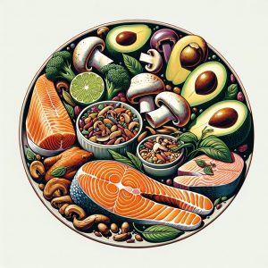 Illustration of a vibrant plate filled with niacin-rich foods such as salmon, mushrooms, avocado, and chicken, promoting the diverse benefits of niacin for optimal health.