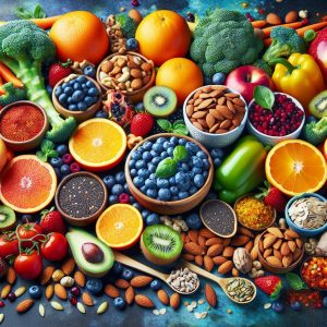 A vibrant array of colorful fruits, vegetables, nuts, and seeds rich in antioxidants, representing alternative options to vitamin E for pre-surgery health and well-being.