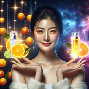 Woman holding vitamin C and retinol skincare products with radiant, healthy skin backdrop