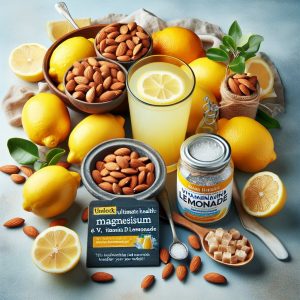 Assortment of fresh lemons, almonds, and vitamin D-fortified juice for a health-boosting lemonade recipe