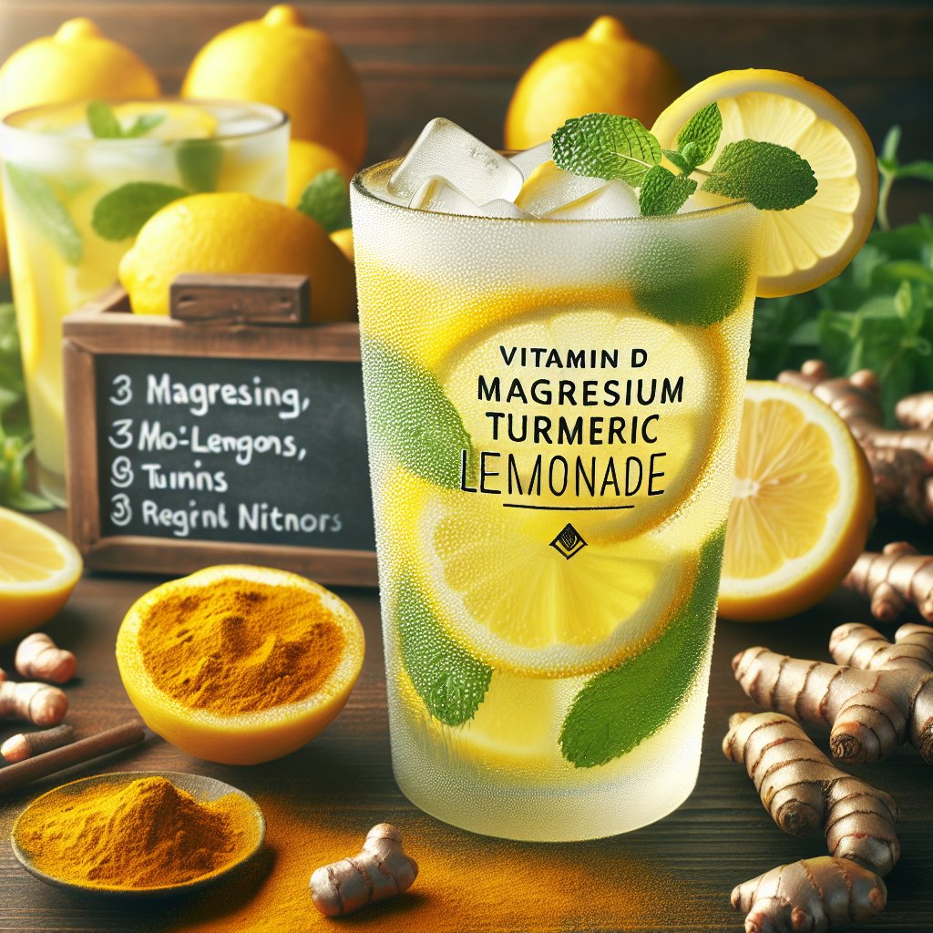 Tall glass of Vitamin D Magnesium Turmeric Lemonade surrounded by lemons, mint leaves, and nuts, exuding freshness and vitality.