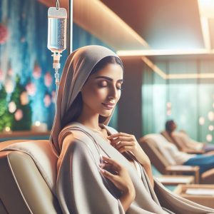 Person receiving intravenous vitamin C therapy in a modern wellness center, exuding health and rejuvenation