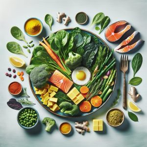 Variety of colorful foods rich in magnesium, vitamin D, turmeric, and ginger on a vibrant plate.