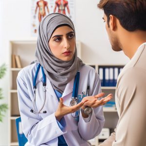 Healthcare professional advising patient to stop Vitamin E before surgery