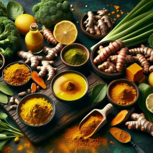 Vibrant image of fresh turmeric roots, powdered turmeric, golden milk, smoothies, and turmeric-spiced dishes, symbolizing health and wellness.