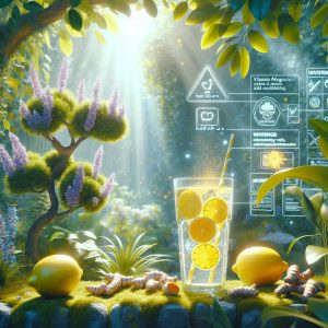 A mesmerizing garden scene featuring a tall glass of vitamin D, magnesium, and turmeric-infused lemonade surrounded by lemon trees and turmeric plants, with subtle cautionary symbols integrated in the background.