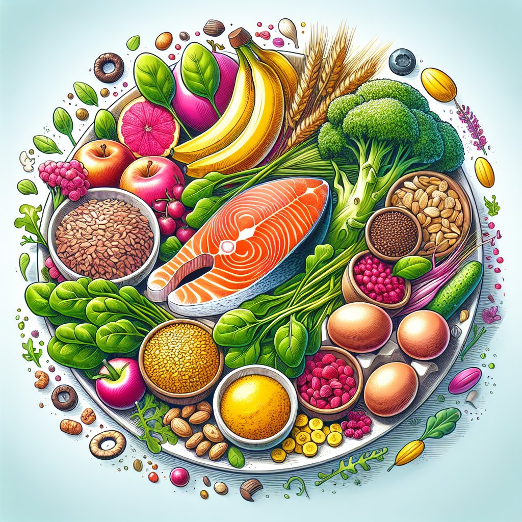 Assortment of colorful fruits, leafy greens, whole grains, and lean proteins rich in vitamin B to promote health and vitality