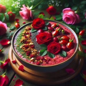 Colorful smoothie bowl with sliced rose hips, granola, and chia seeds on a wooden table, surrounded by fresh roses and green leaves