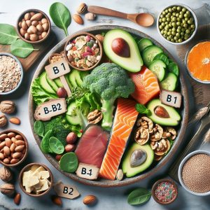 Assortment of foods rich in vitamin B creatively arranged on a plate, including lean meats, leafy greens, nuts, and fortified cereals to emphasize optimal nerve repair benefits.
