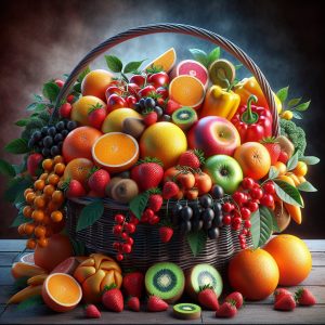 A colorful and diverse fruit basket overflowing with oranges, strawberries, kiwis, and bell peppers, arranged in a visually appealing manner against a backdrop symbolizing health and wellness.