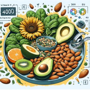 Assortment of Vitamin E-rich foods including almonds, spinach, sunflower seeds, avocado, and kiwi, beautifully arranged on a plate with a scientific graphic overlay showing the conversion of 400 IU to milligrams.