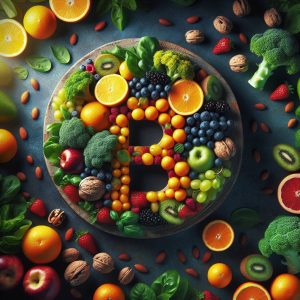 Assorted fruits and vegetables rich in color, including citrus fruits, leafy greens, berries, and nuts, symbolizing the vitality and nutrition of Vitamin B.