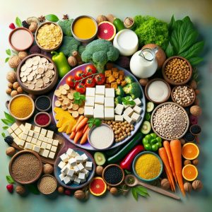 Colorful array of vitamin B12-rich foods for vegetarians and vegans, including fortified cereals, nutritional yeast, plant-based milk, and tofu, artfully arranged on a platter to showcase freshness and nutrition.